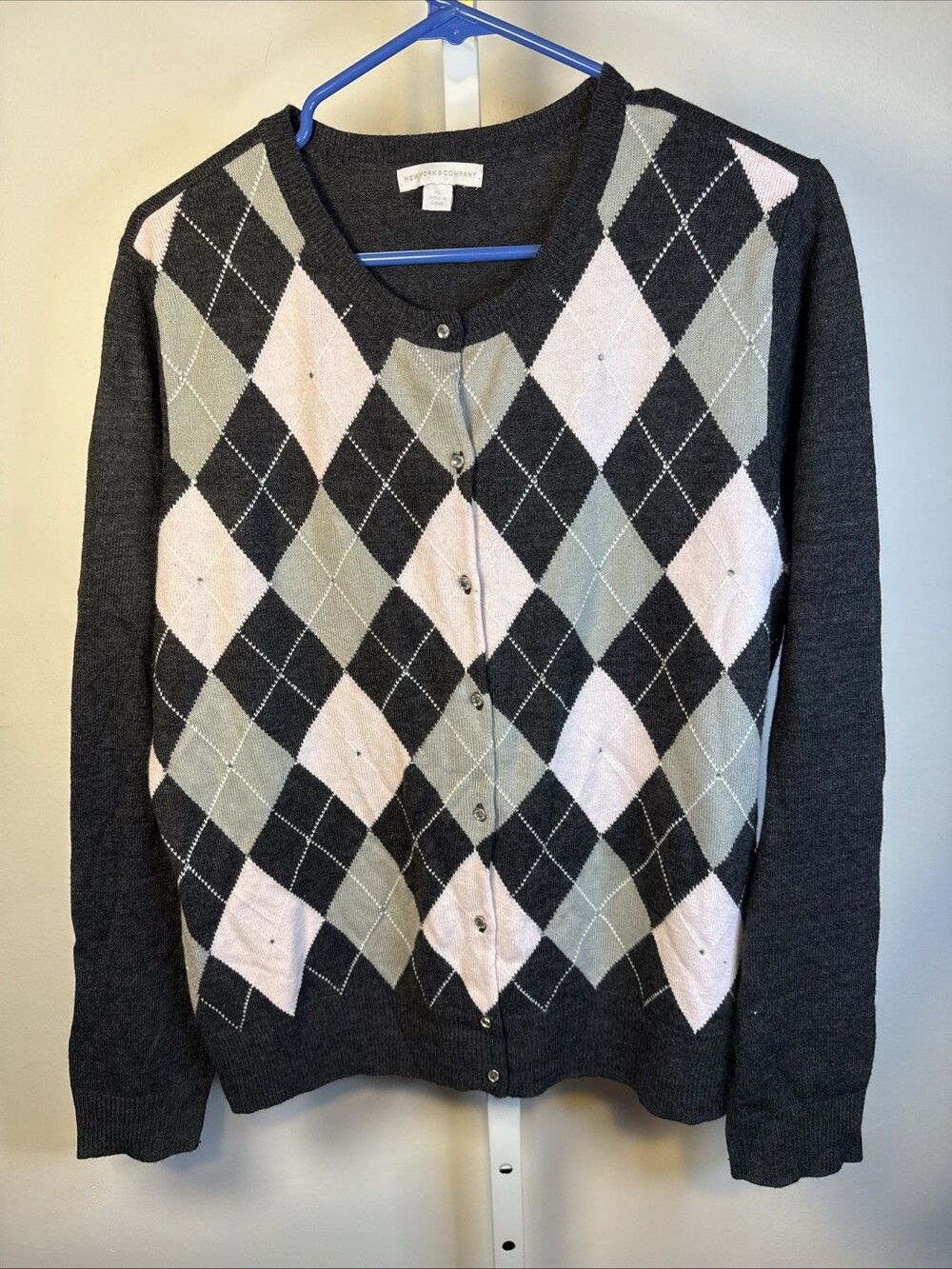 Y2K New York & Co Pink Argyle Sweater Cardigan Beaded Rhinestone XL Academia